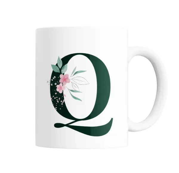 Taza de Cerámica Inicial Q Verde con Flores
