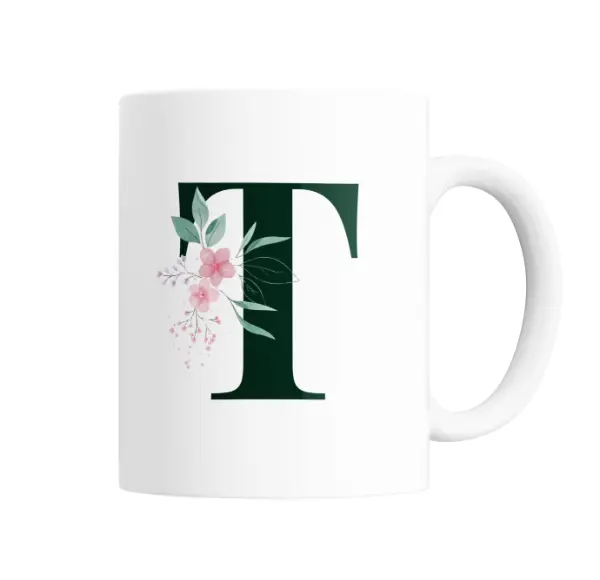 Taza de Cerámica Iniciales Verde T Floral