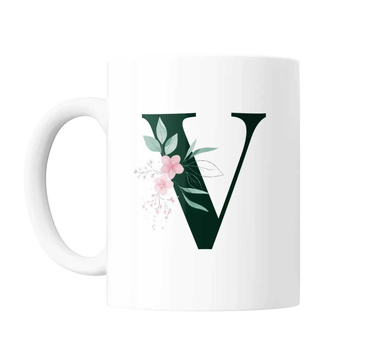 Taza de Cerámica Iniciales Verde V con Flores - vista 2