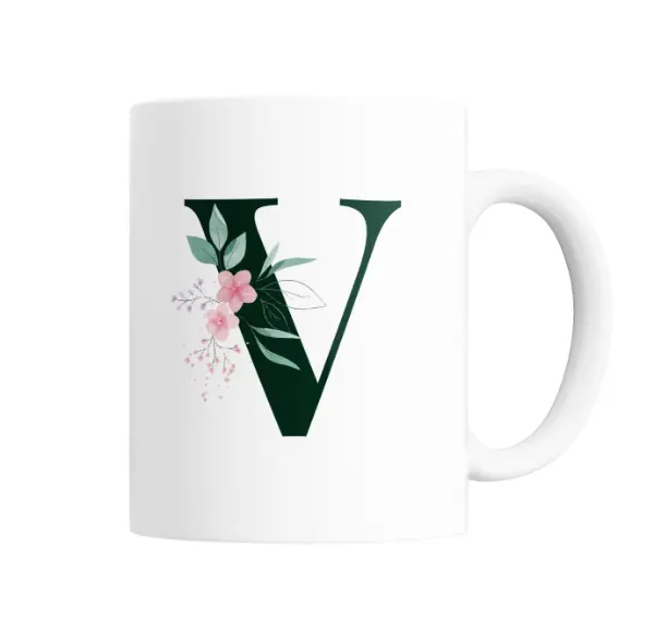 Taza de Cerámica Iniciales Verde V con Flores