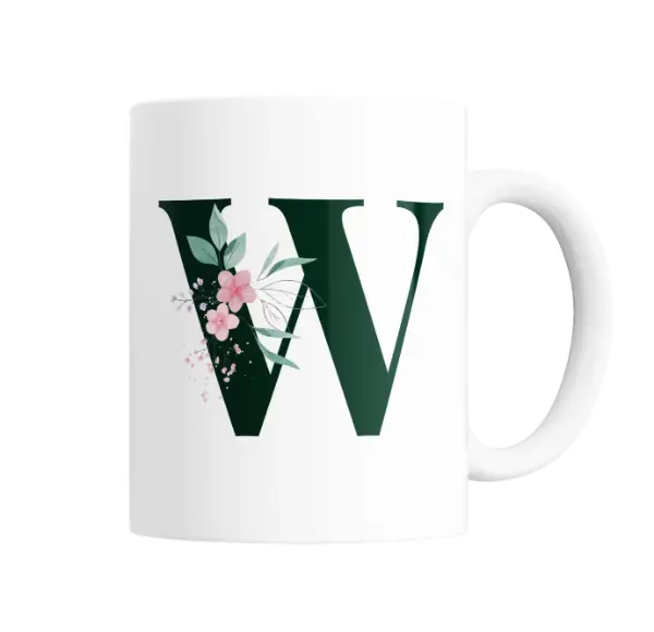 Taza de Cerámica Iniciales Verde W con Flores