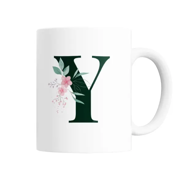 Taza de Cerámica Inicial Y Verde con Flores