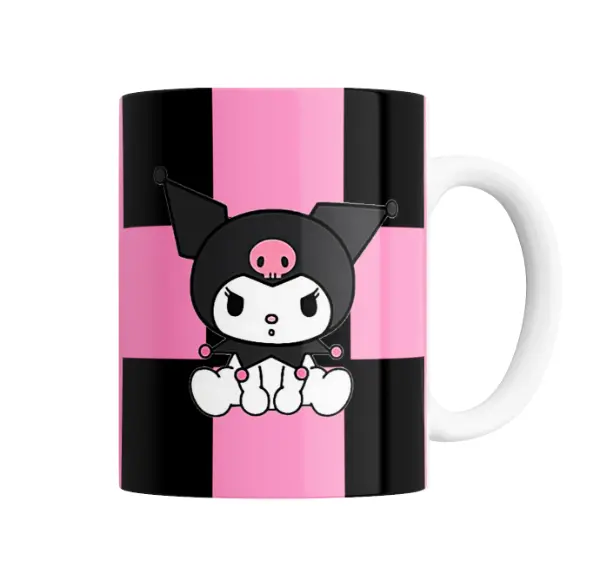 Taza de Cerámica Kuromi Rayas Rosa y Negro