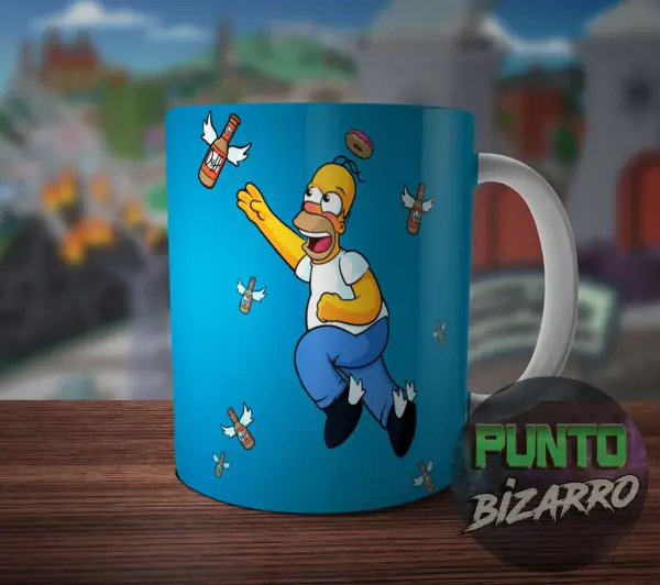 Taza de Cerámica Los Simpson Homero Volando con Cerveza y Dona