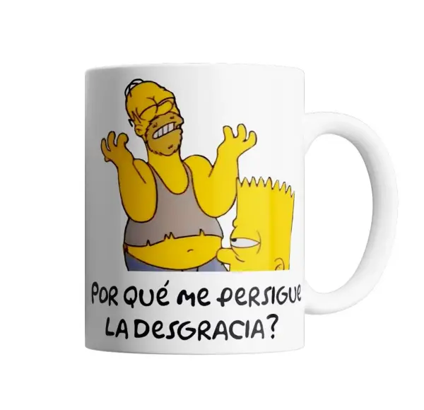 Taza de Cerámica Los Simpson Homero y Bart Por qué me persigue la desgracia