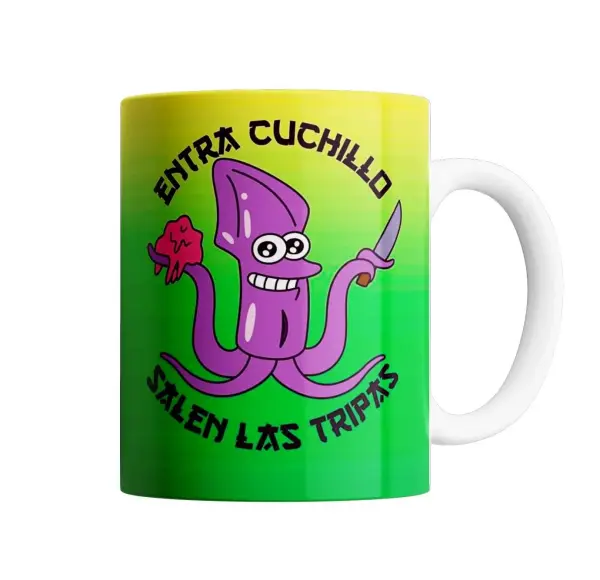 Taza de Cerámica Los Simpson Pulpo Morado Entra Cuchillo Salen las Tripas