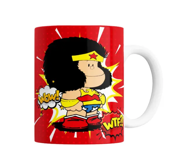 Taza de Cerámica Mafalda Mujer Maravilla Wow y WTF