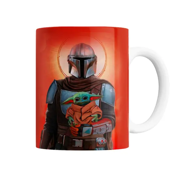 Taza de Cerámica The Mandalorian Mando y Grogu Halo Naranja