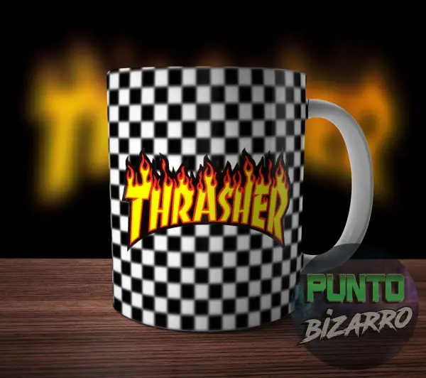 Taza de Cerámica Thrasher Logo en Llamas sobre Damero