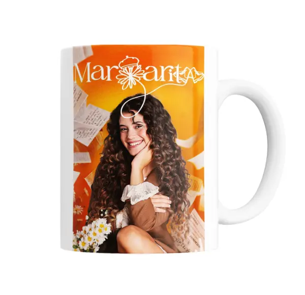 Taza de Cerámica Margarita Serie Póster Naranja con Flores