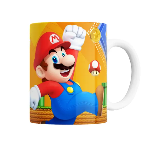 Taza de Cerámica Mario Bros Mario Saltando con Hongo y Moneda