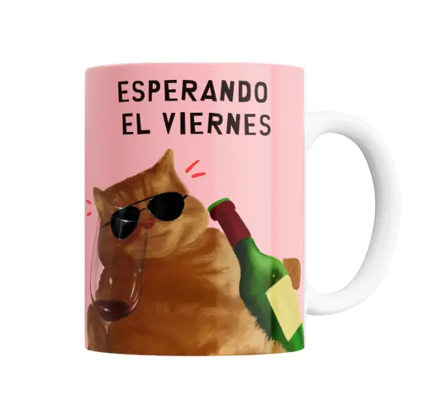 Taza de Cerámica Meme Gato Naranja Esperando el Viernes
