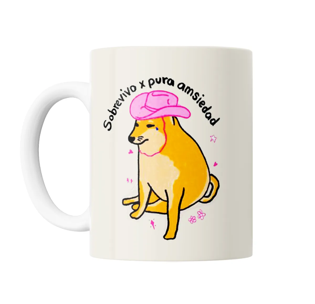 Taza de Cerámica Perrito con gorra rosa Sobrevivo x pura ansiedad - vista 2