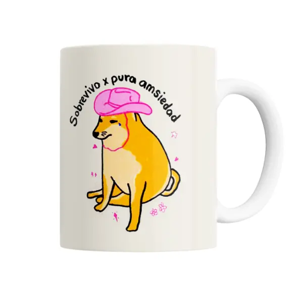 Taza de Cerámica Perrito con gorra rosa Sobrevivo x pura ansiedad