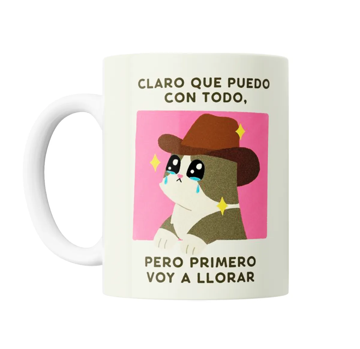 Taza de Cerámica Meme Gato Vaquero Llorando Claro Que Puedo Con Todo - vista 2