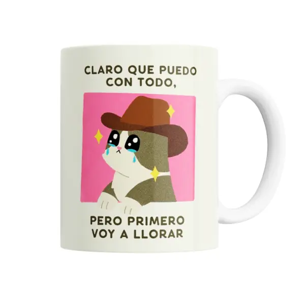Taza de Cerámica Meme Gato Vaquero Llorando Claro Que Puedo Con Todo
