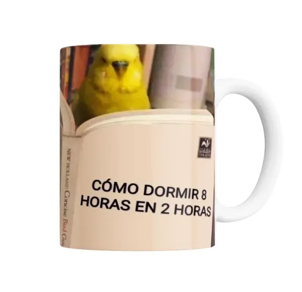 Taza de Cerámica Meme Cómo Dormir 8 Horas en 2 Horas Loro Amarillo