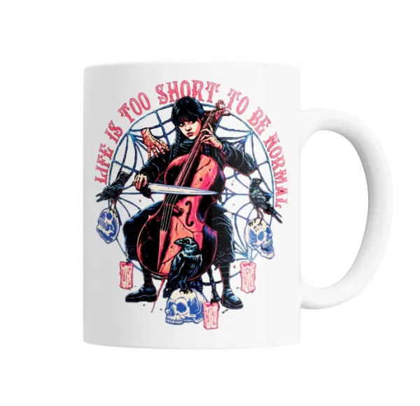 Taza de Cerámica Merlina Wednesday Violonchelo Life Is Too Short
