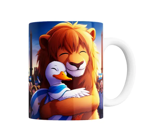 Taza de Cerámica León y Pato Abrazados Bandera Argentina Milei Pato