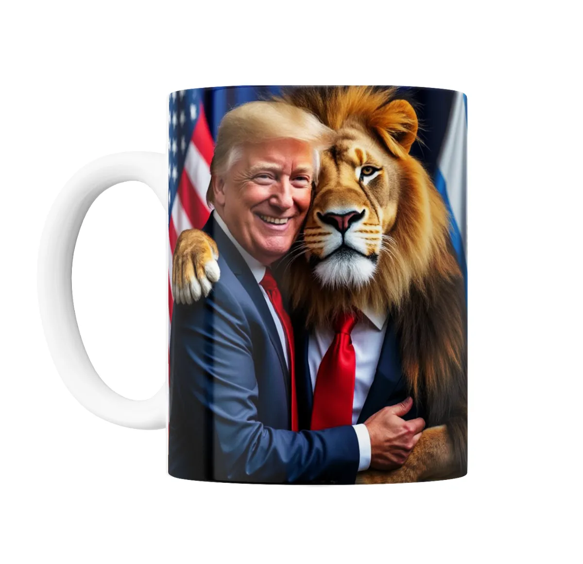 Taza de Cerámica Donald Trump abrazado por un León - vista 2