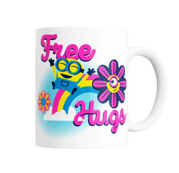 Taza de Cerámica Minions Free Hugs Arcoíris