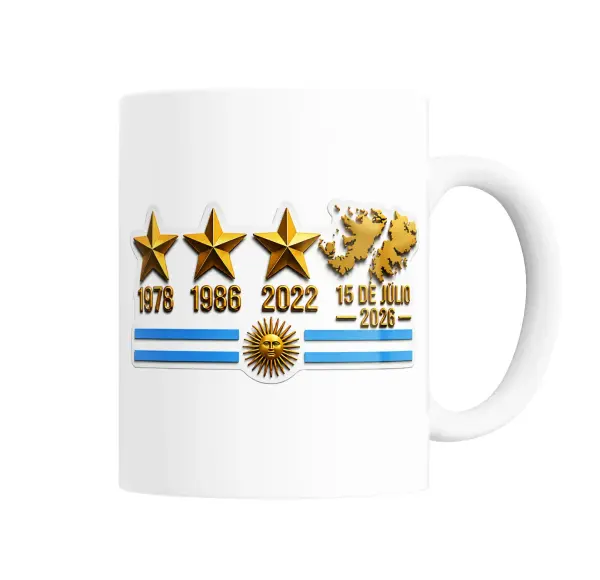 Taza de Cerámica Mundial 2026 Argentina Tres Estrellas Malvinas 15 de Julio