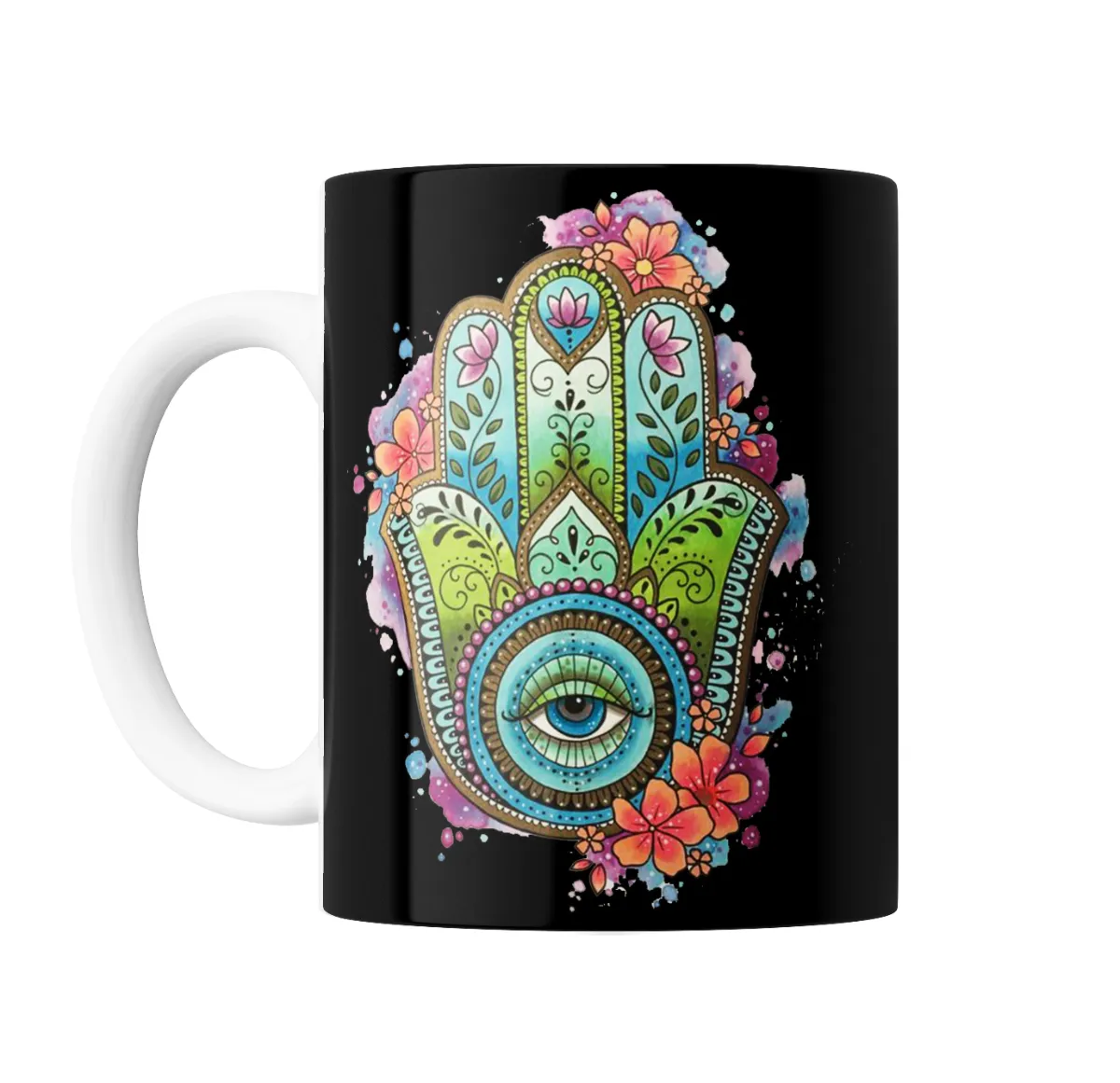Taza de Cerámica Mano de Hamsa Ojo Turquesa Flores - vista 2