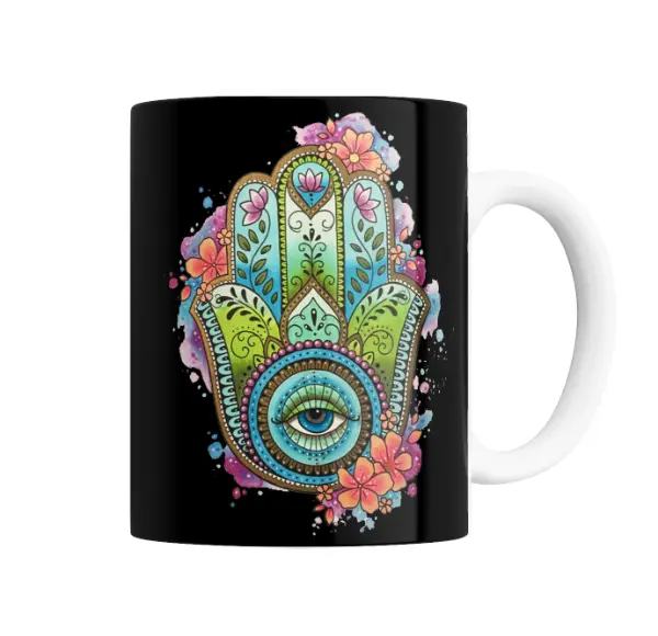 Taza de Cerámica Mano de Hamsa Ojo Turquesa Flores