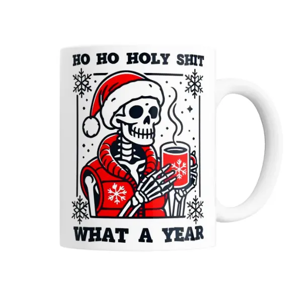 Taza de Cerámica Esqueleto Navideño Ho Ho Holy Shit What a Year