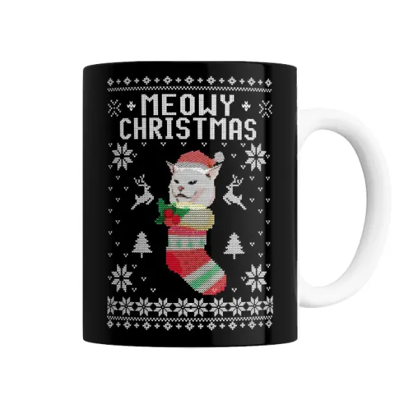 Taza de Cerámica Meowy Christmas Gato en Media Navideña