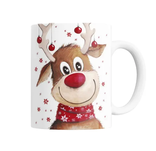Taza de Cerámica Reno Navideño con Bufanda Roja