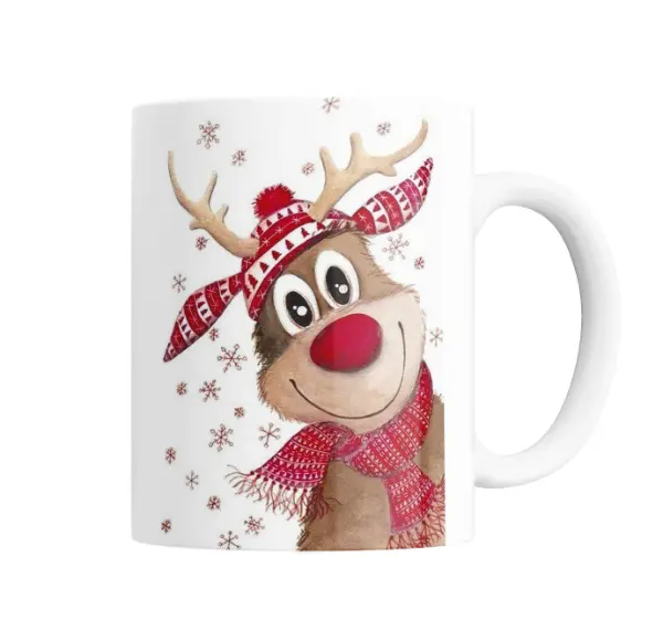 Taza de Cerámica Reno Navideño con Gorro y Bufanda