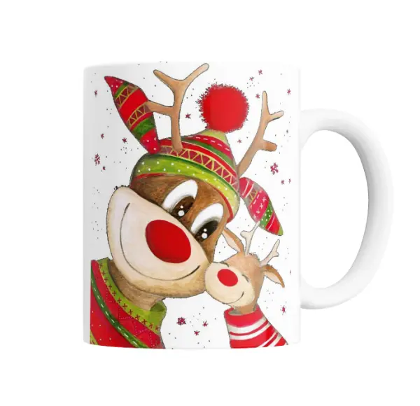 Taza de Cerámica Navidad Renos con Gorro y Pompón
