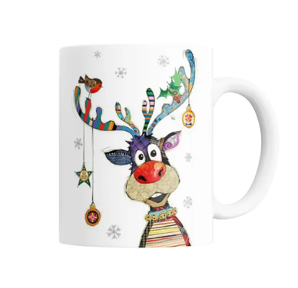 Taza de Cerámica Navidad Reno Colorido con Pájaro y Adornos