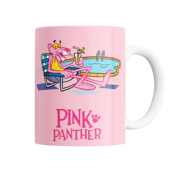 Taza de Cerámica Pantera Rosa Relajada en la Pileta
