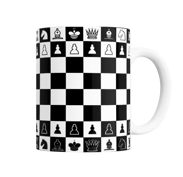 Taza de Cerámica Ajedrez Tablero y Piezas Blancas y Negras