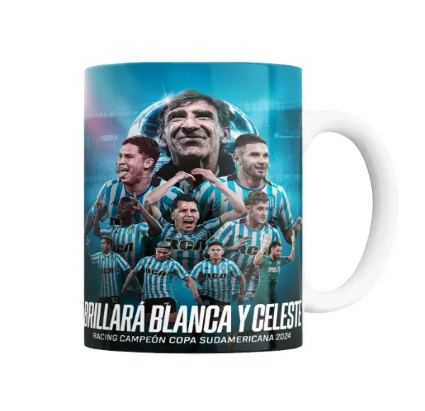 Taza de Cerámica Racing Brillará Blanca y Celeste Campeón Sudamericana 2024