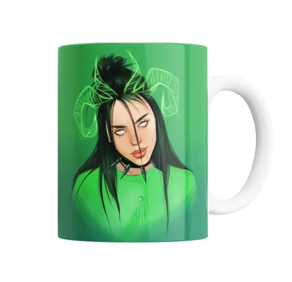 Taza de Cerámica Billie Eilish Verde con Cuernos