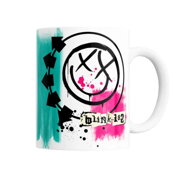 Taza de Cerámica Blink 182 Logo Smiley Verde y Rosa