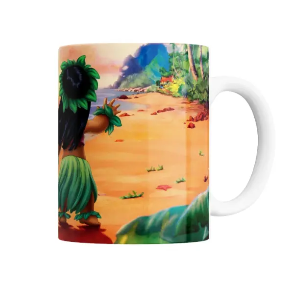 Taza de Cerámica Stitch y Lilo bailando hula en la playa