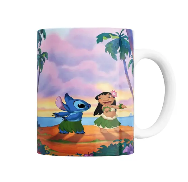 Taza de Cerámica Stitch y Lilo bailando hula en la playa