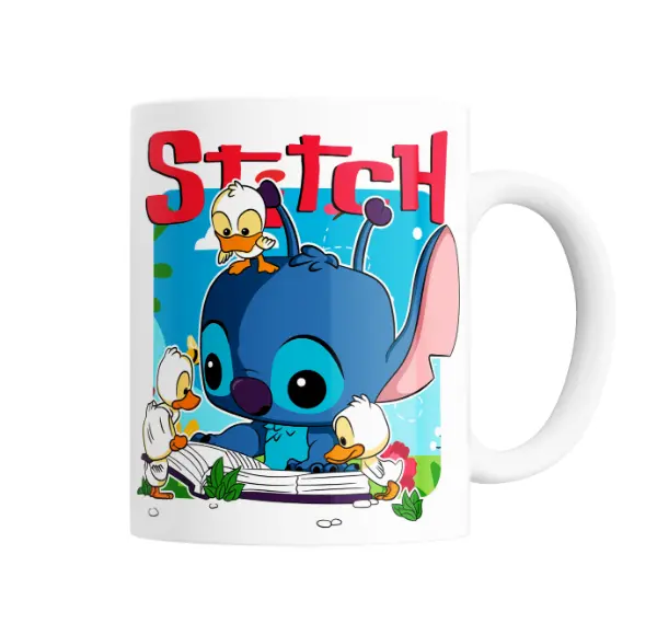 Taza de Cerámica Stitch leyendo cuento con patitos