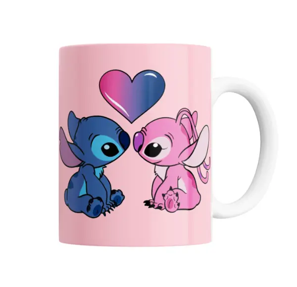 Taza de Cerámica Stitch y Angel Corazón