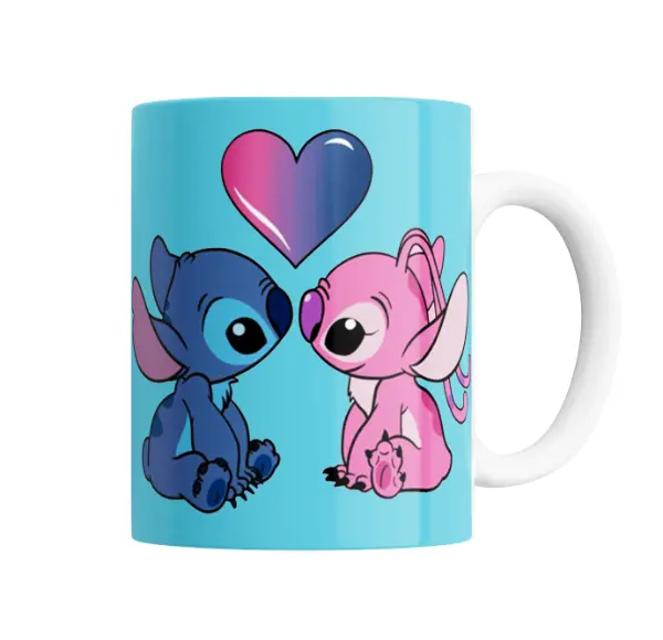 Taza de Cerámica Stitch y Angel Corazón