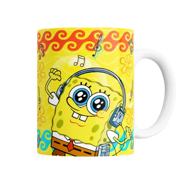 Taza de Cerámica Bob Esponja escuchando música con auriculares