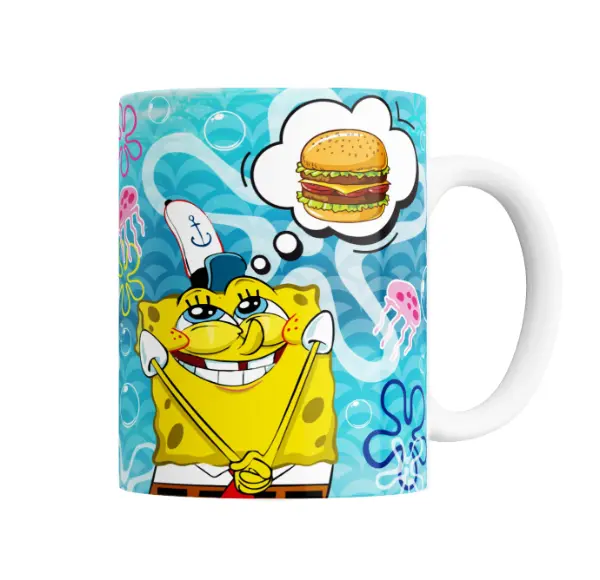 Taza de Cerámica Bob Esponja Meme Hamburguesa Pensando