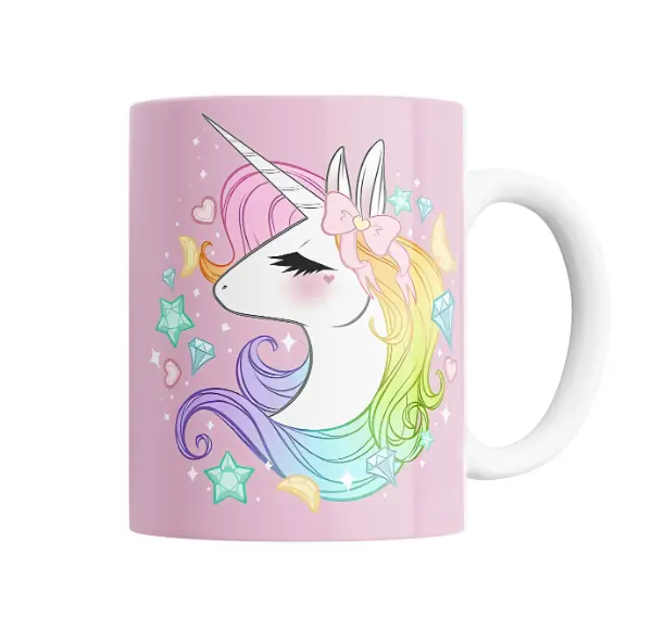 Taza de Cerámica Unicornio Kawaii Pastel con Moño y Diamantes