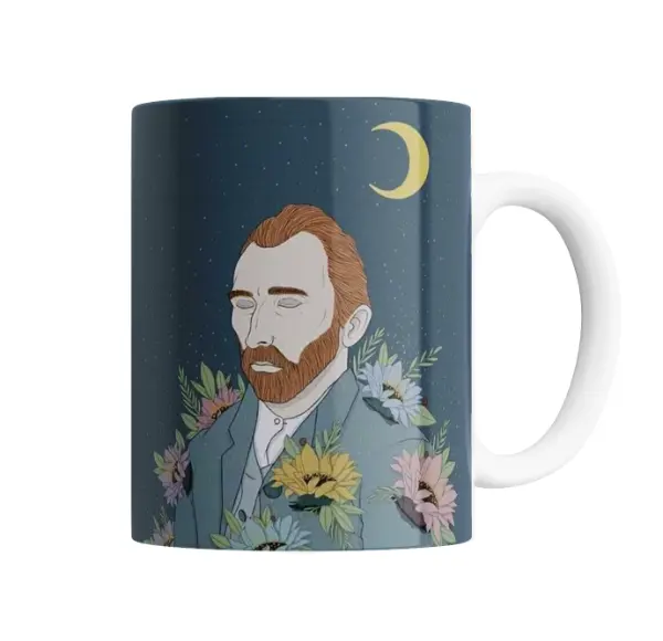 Taza de Cerámica Van Gogh Noche Estrellada con Flores