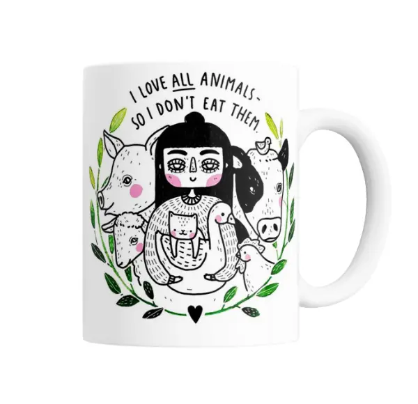 Taza de Cerámica Vegan Chica con Animales I Love All Animals
