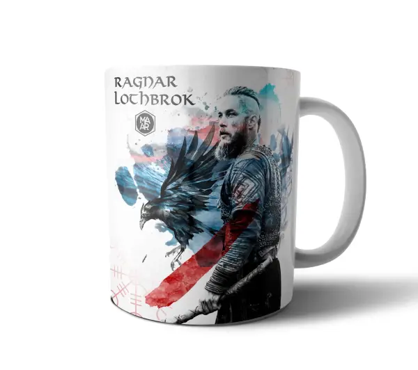 Taza de Cerámica Vikingos Ragnar Lothbrok con Cuervo
